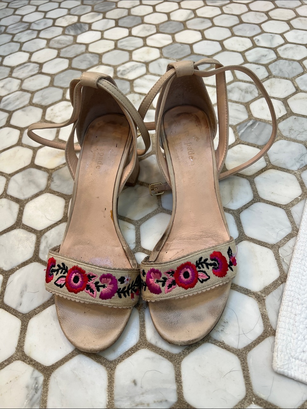 kate spade Beige Embroidered Ankle-Strap Sandals with Pink and Red Floral Detail